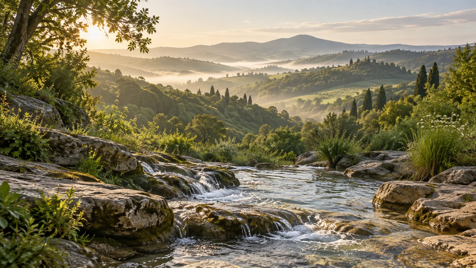 Wooded Tuscan hills and a sandstone stream in soft morning light, inspired by Mugello