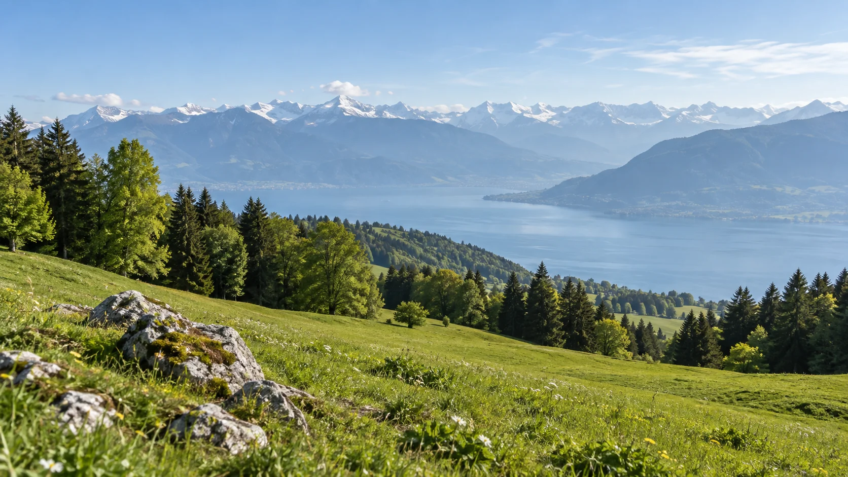 Alpine meadows and a blue lake beneath distant snowy mountains, inspired by the French Alps