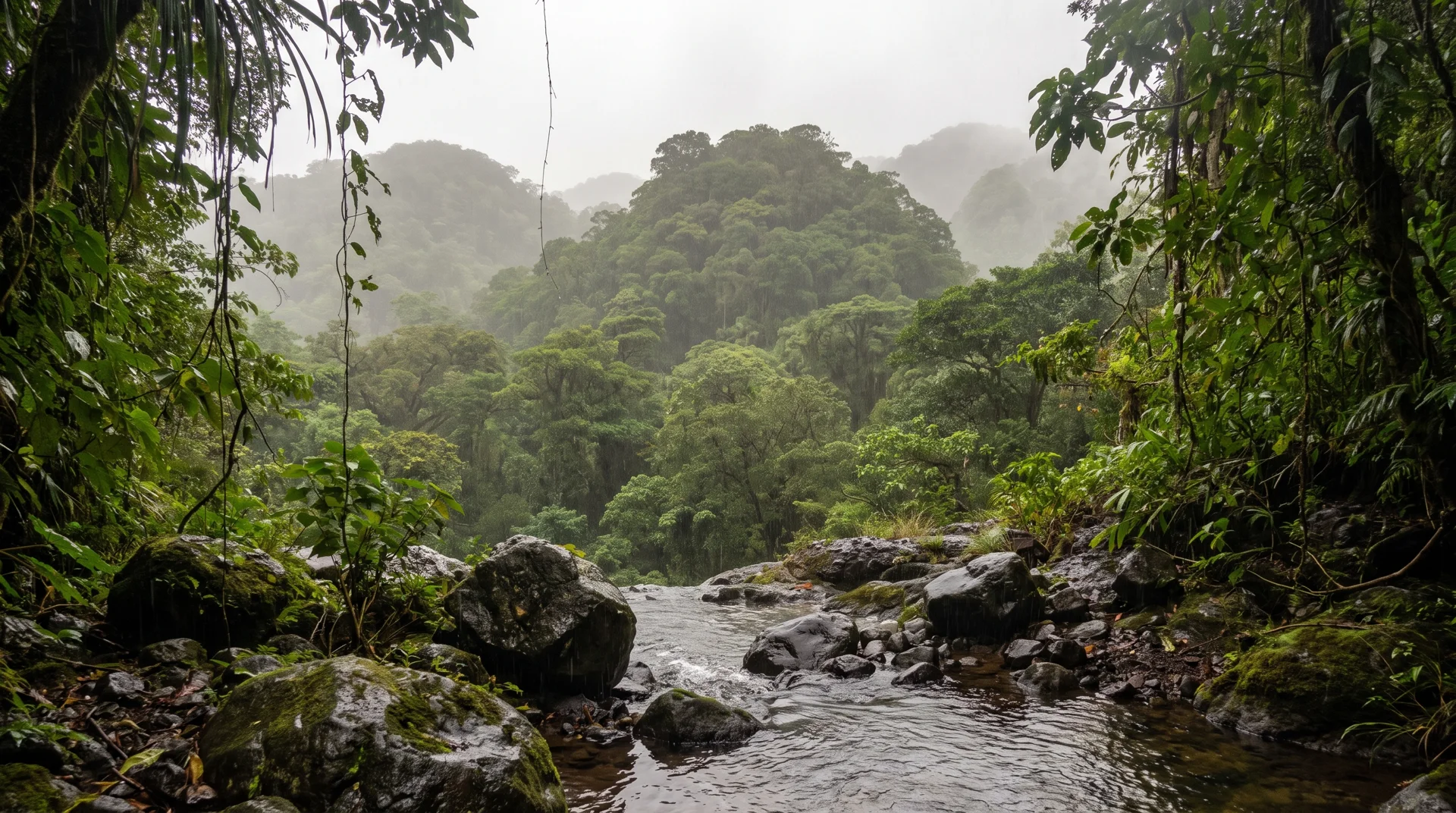 A rainforest stream beneath misty volcanic hills, inspired by Fiji