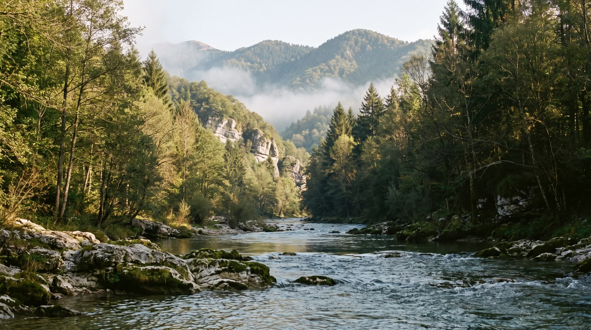 A clear river winding through a wooded Alpine valley, inspired by Val Brembana