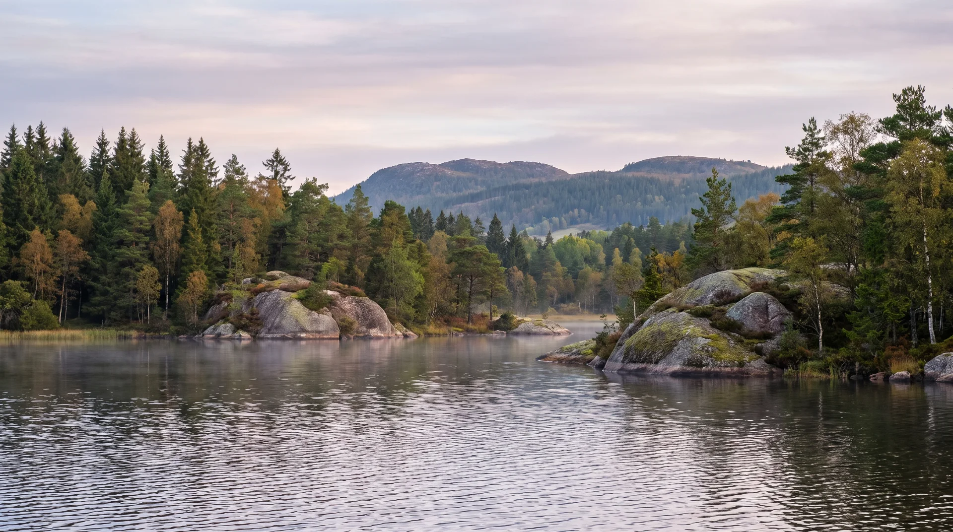 A quiet lake with granite outcrops and Nordic woodland, inspired by Southern Norway