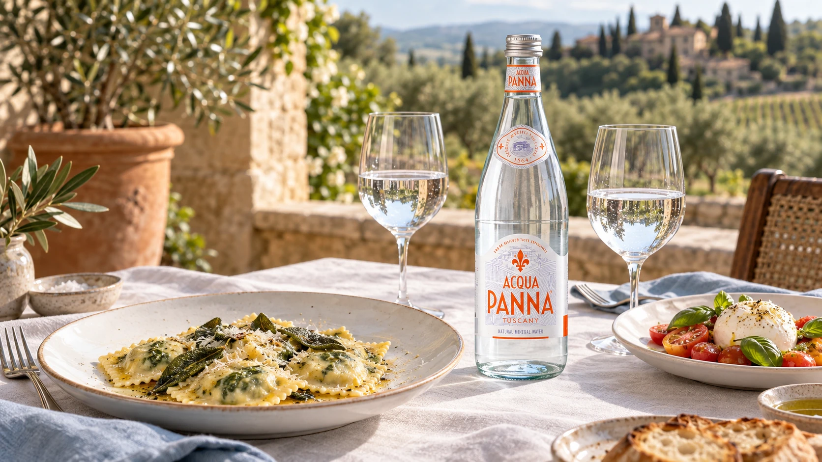 Acqua Panna water with ricotta ravioli, tomato and burrata salad and wine glasses filled with water on a Tuscan terrace