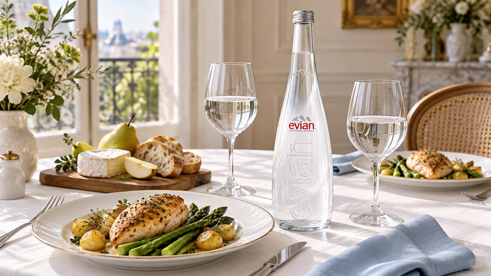 Evian water with herb-roasted chicken, asparagus, mild cheese and water-filled wine glasses on a white linen dining table