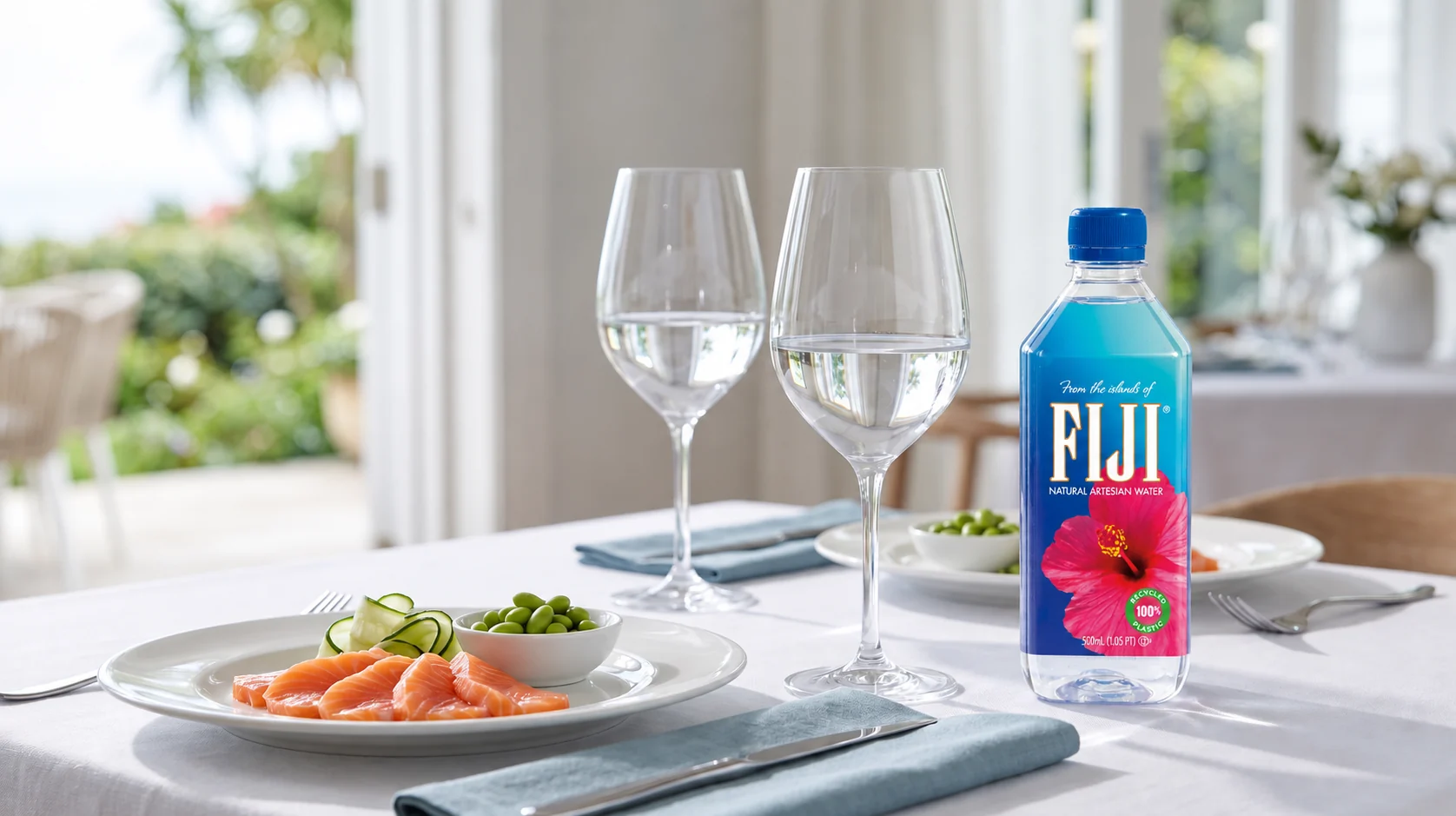 Fiji water with salmon sashimi, cucumber and wine glasses filled with water at a coastal dining table
