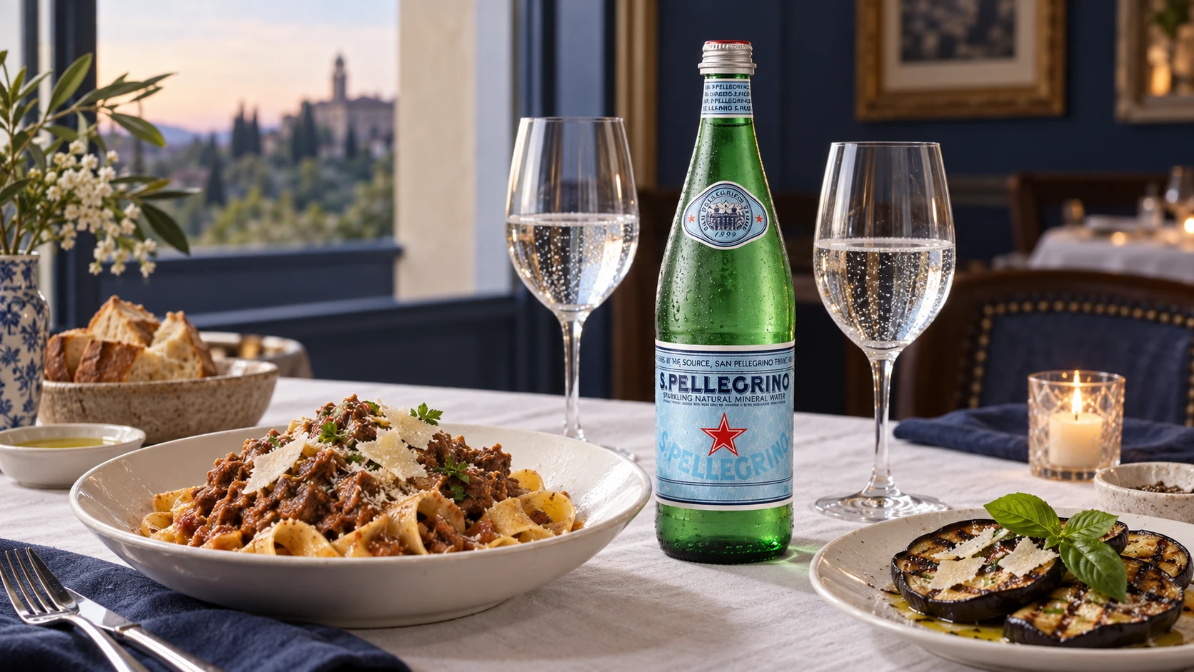 S.Pellegrino sparkling water with beef ragù pappardelle and clear water in wine glasses at an Italian dining table