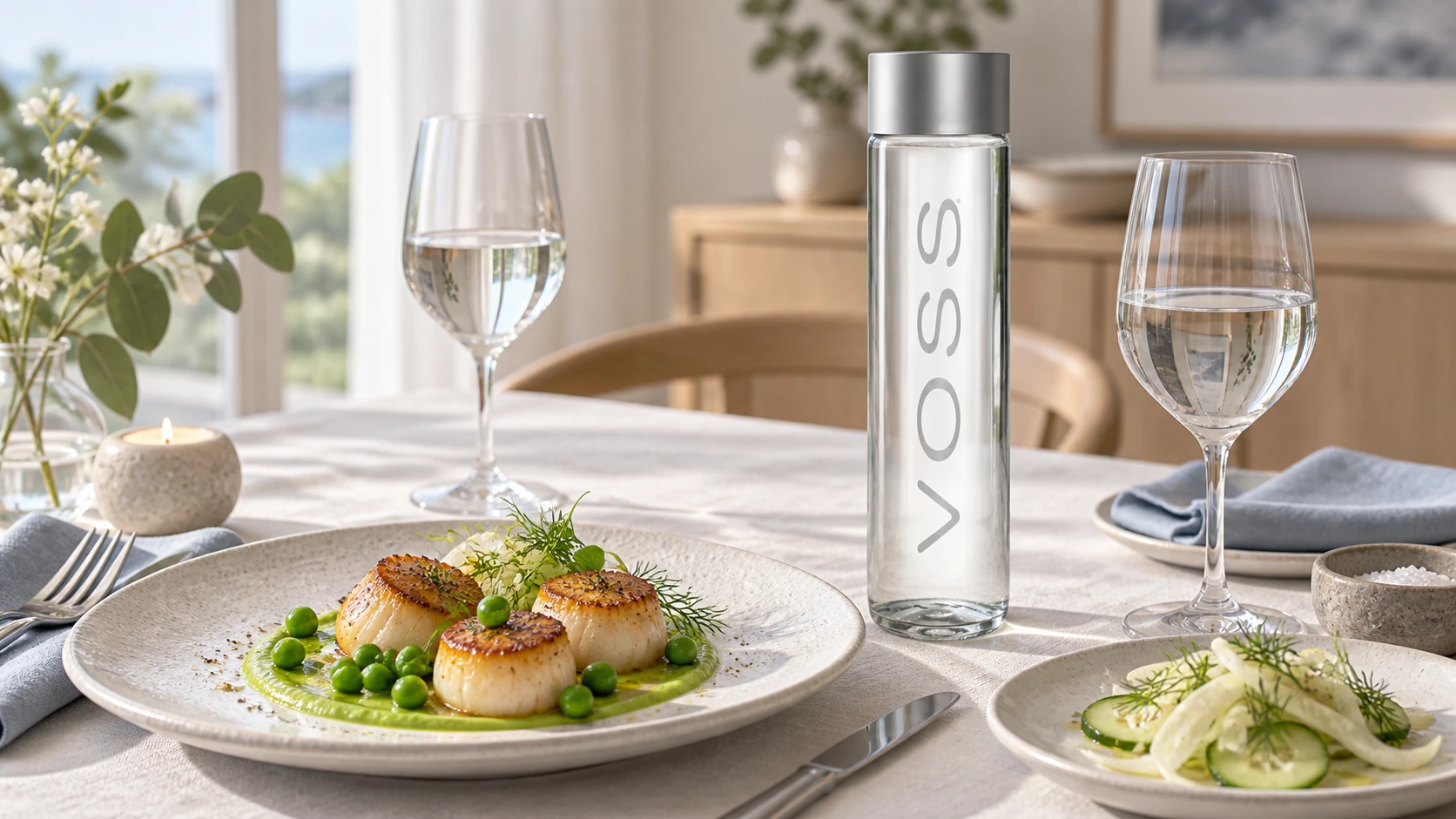 Voss still water beside seared scallops, peas and wine glasses filled with water in a Scandinavian dining room
