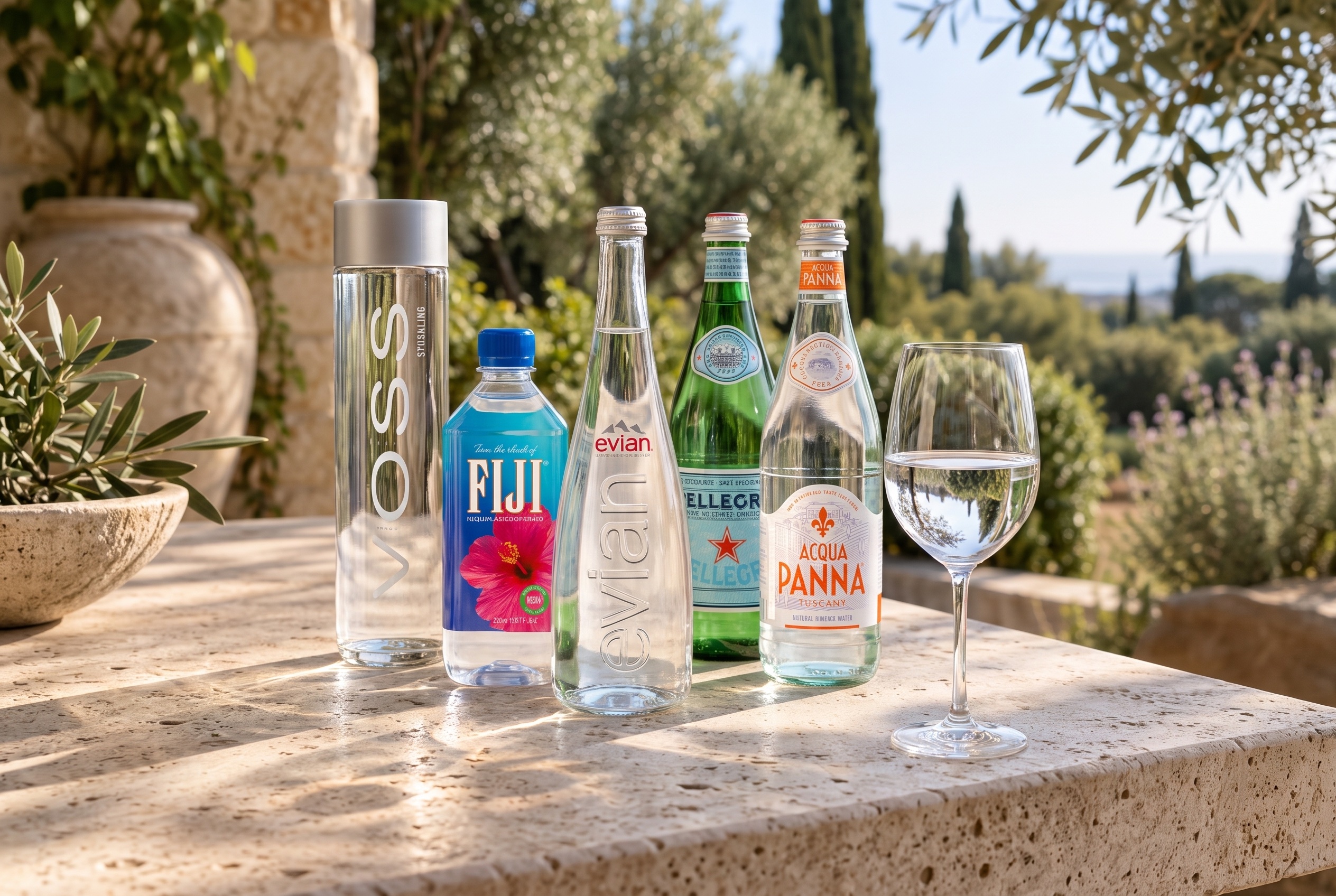 Voss, Fiji, Evian, S.Pellegrino and Acqua Panna bottles with a wine glass filled with water on a sunlit terrace